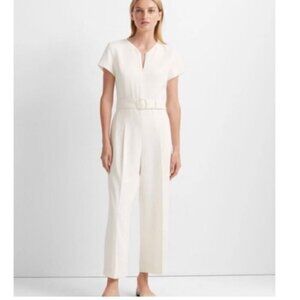 Club Monaco Womens Hidden Zip V-Neck Belted Jumpsuit in Cream - Size 00